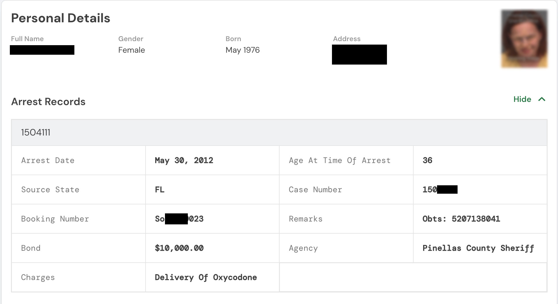 Mugshot and booking records example